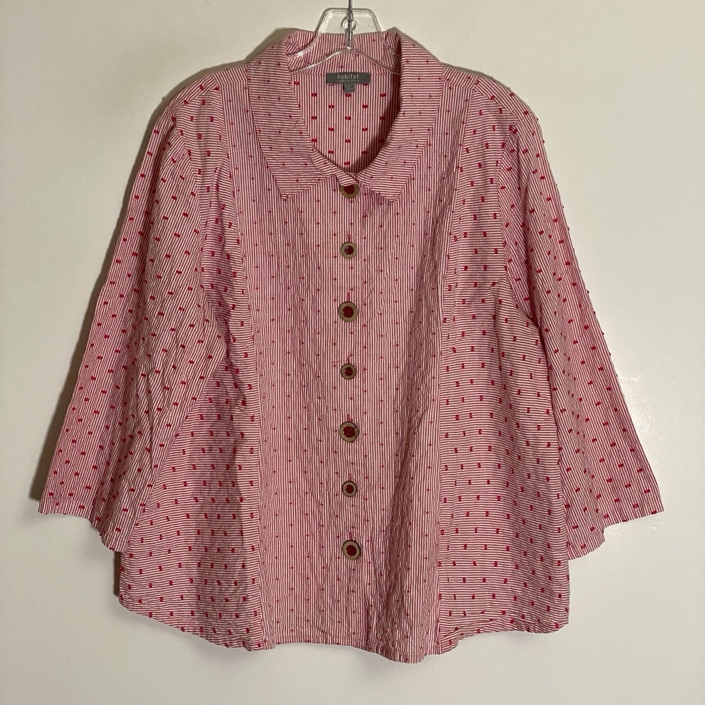 Habitat Top Womens Large Red Striped Swiss Dots Classy Coastal Lagenlook Beach L